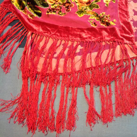 Aris A Silk Velvet Pink Floral Tassel Edge Shawl Wrap Scarf - Picture 8 of 11